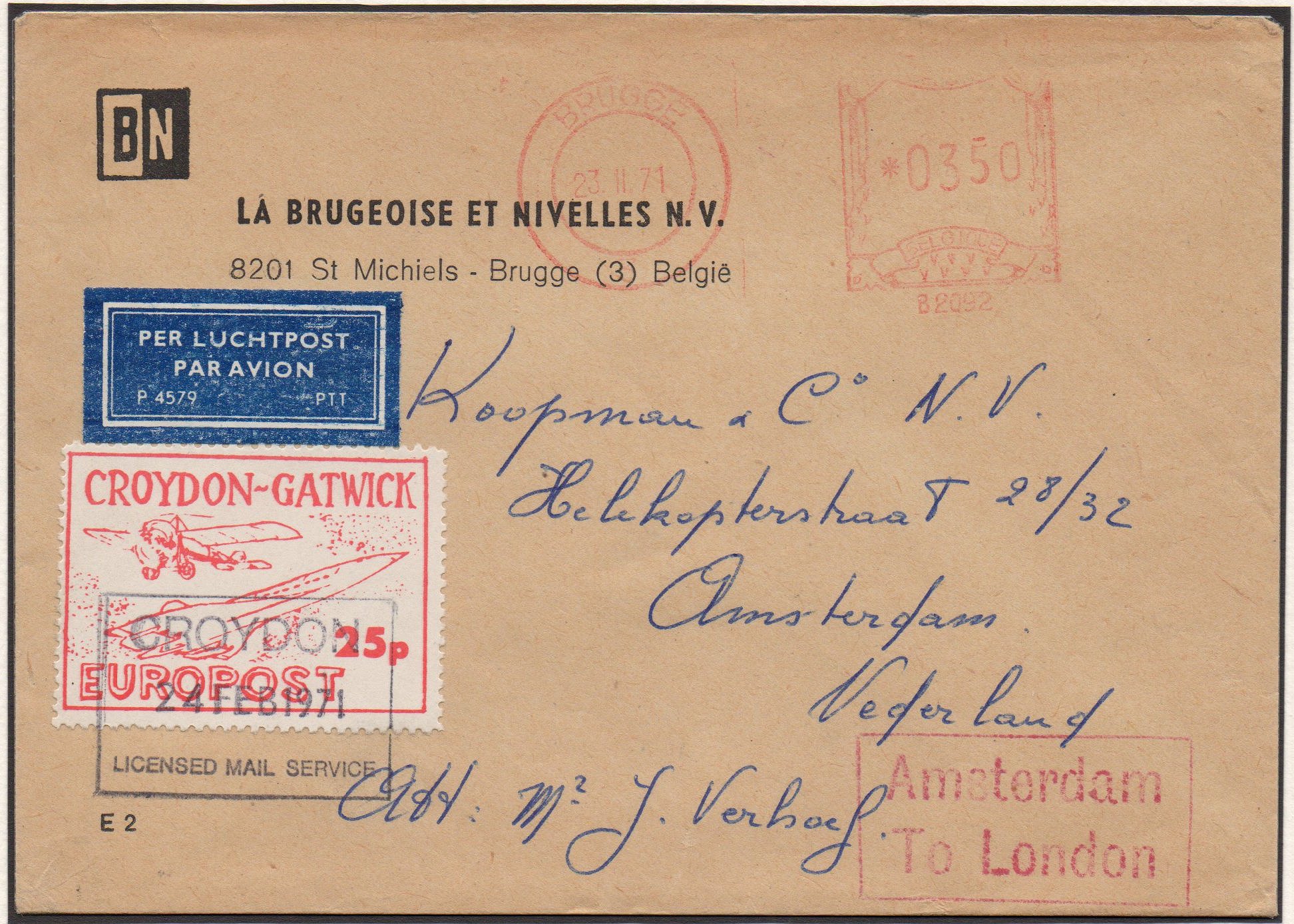 1971 Croydon Gatwick Strike Post 25p cover Brugge Bruges to UK via Koopman, the second agent for the Croydon Gatwick Post in Amsterdam.  24 Feb 1971.